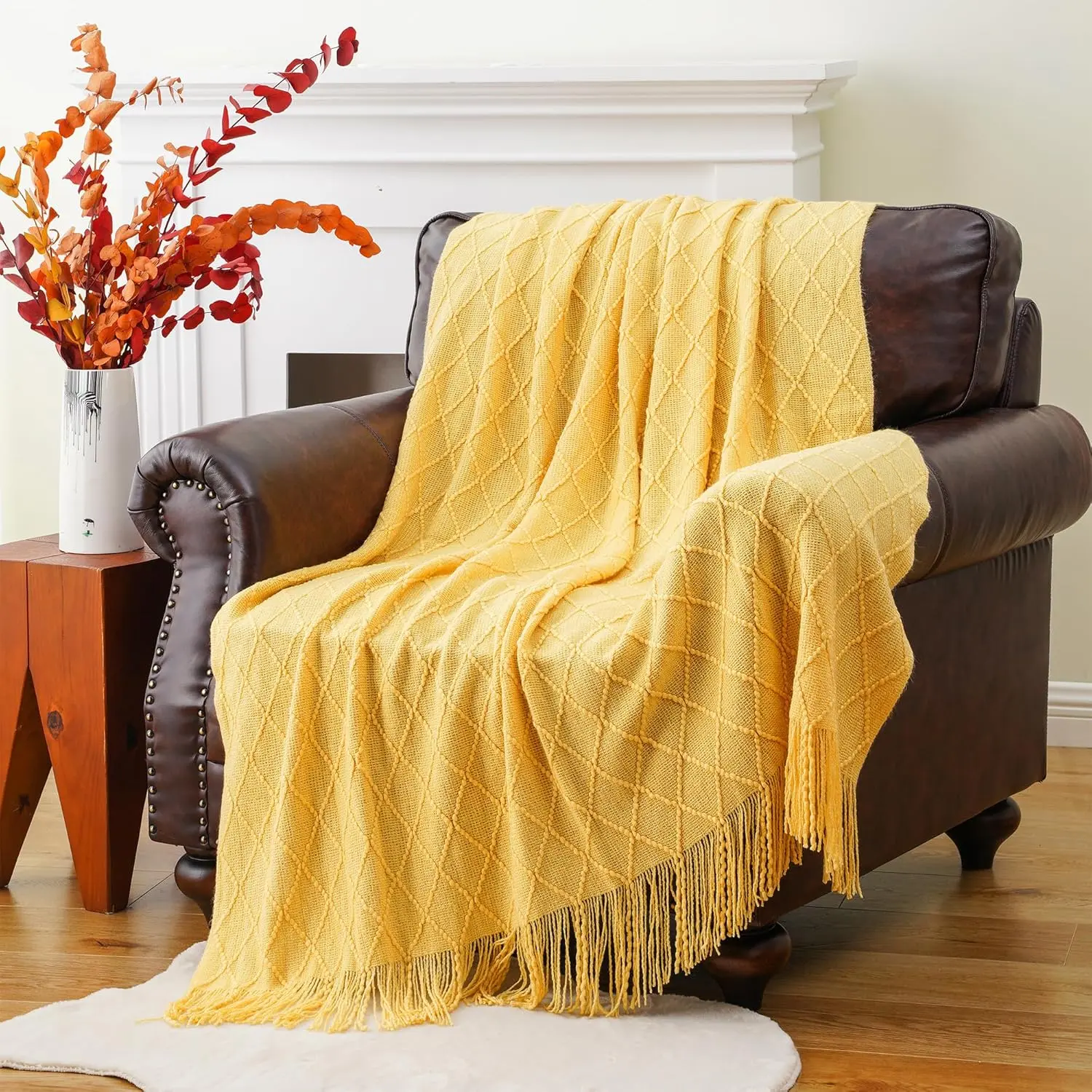 1 Pc Mustard Knitted Throw Blanket with Fringe Geometric Bed Lightweight Gold Yellow Throws Breathable Decorative Large Throw for Couch Sofa Indoor Outdoor Cozy Throw Blanket Soft Cozy Throw Soft Warm Throw
