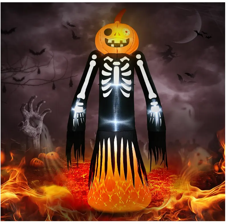 9FT Halloween Inflatables Ghost Giant Outdoor Halloween Decorations Blow Up Yard Decorations Built-in Red Flame Lights Scary Pumpkin Skeleton Ghost Decor for Halloween Party Yard Garden Lawn Patio