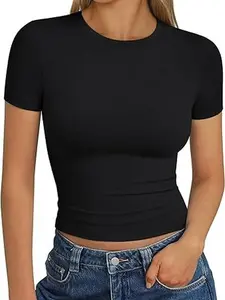 Womens Short Sleeve T Shirts - Buttery Soft Summer Crop Tops Slim Fit Y2k Basic Tees for Workout