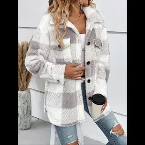 Women's plaid printed button open shoulder plush coat, autumn and winter casual long sleeved collar coat, women's daily clothing, fashionable women's clothing