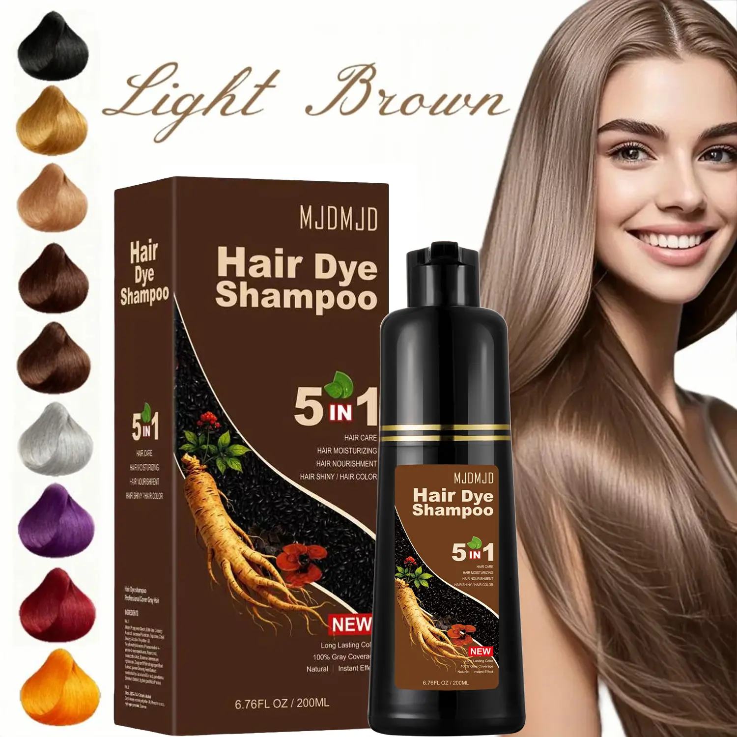 200 ML/500 ML 5-in-1 Light Brown Shampoo,Easy to Use,Provides Long-lasting Styling,Mild And Non-irritating,Long-lasting And Fast-acting Hair Dyeing And Softening Shampoo,Suitable for All Hair Types - Unisex,200 ML Mini Portable Version Suitable For Travel