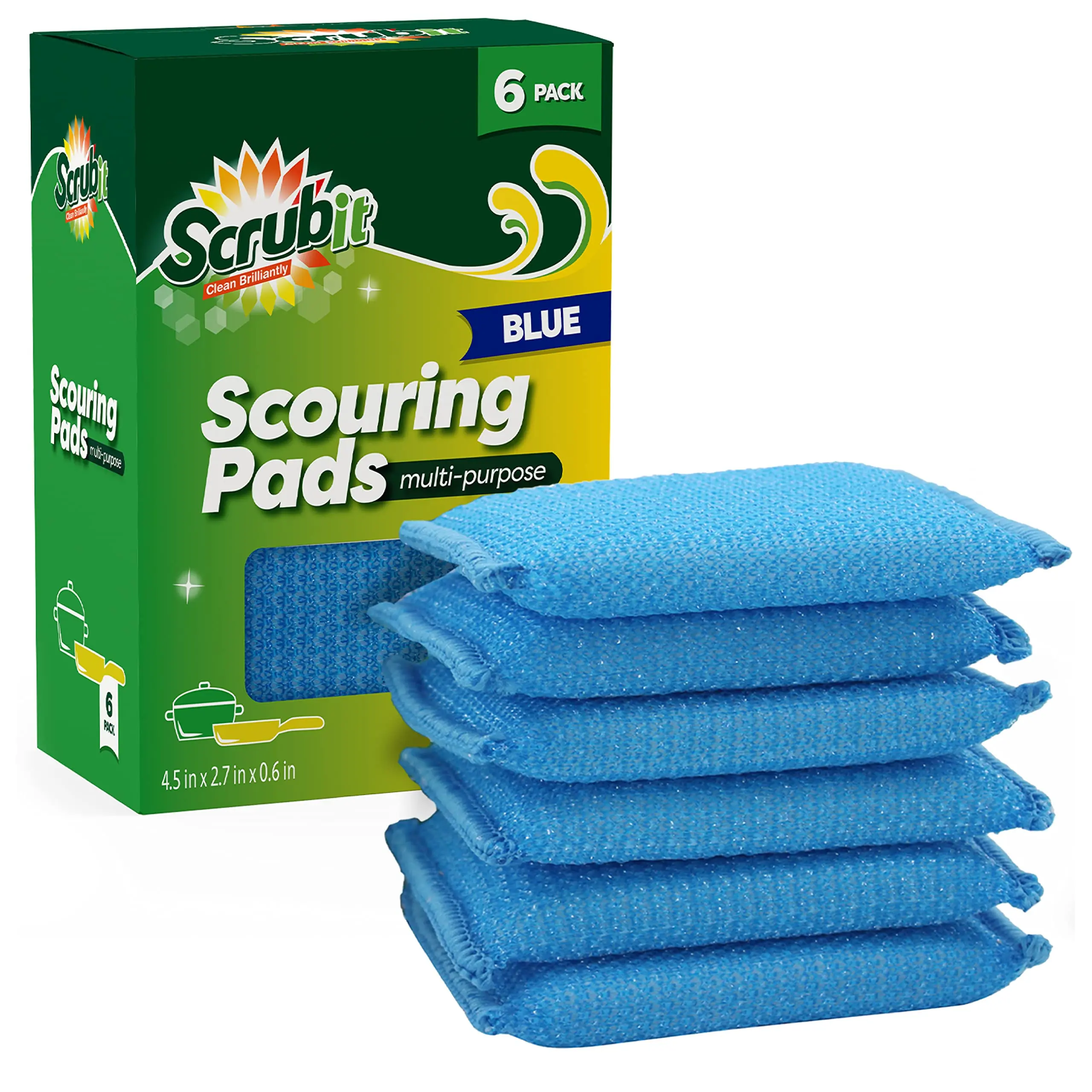 Multi-Purpose Scouring Pad by Scrub-It - Non-Scratch Cleaning Pads for Pots, Pans, Dishes, Utensils & Non-Stick Cookware - Sponge Scrubbers Use for Kitchen, Bathroom & More, 2 Pack (x3) Total 6