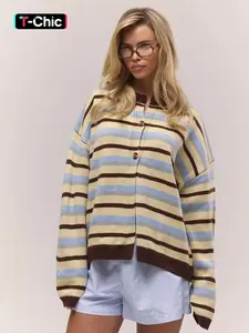 Women's Striped Vintage Knit Cardigan, Fall Winter New Design, Unique Elegant Loose Fit Sweater, Casual Versatile Round Neck Top
