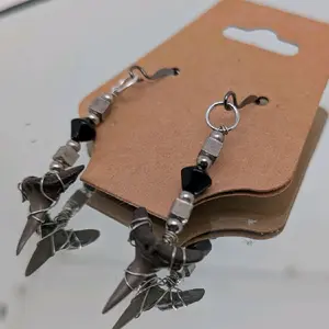 Florida Before Us Wire Wrapped Shark Tooth One of a Kind Handmade Earrings with black and silver beads
