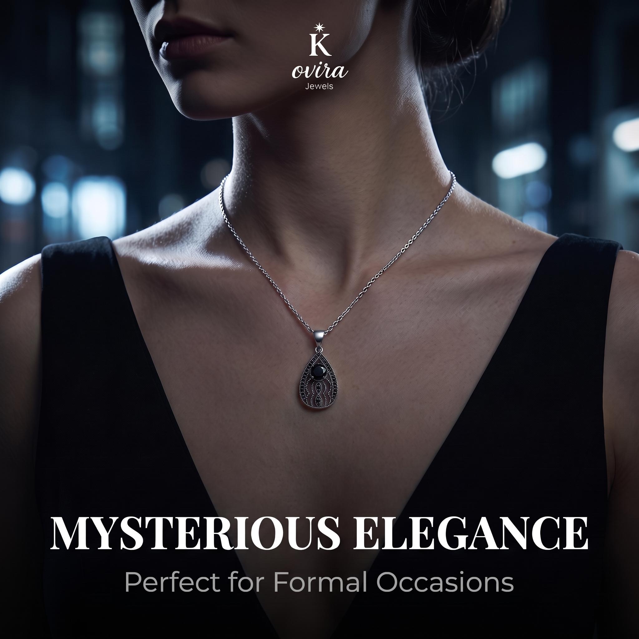 Kovira S925 Sterling Silver Vintage Black Obsidian Pendant Necklace for Women, Dark Feminine, Protection Amulet,Gothic Style, Dark Romance Gift