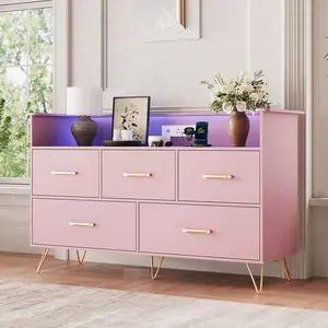 GAOMON Wood Dresser for Bedroom with 5 Drawers, 47 in Wide Chest of Drawers with RGB Lights & Charging Station, Modern Dresser for Closet, Entryway, Living Room, Hallway, Pink
