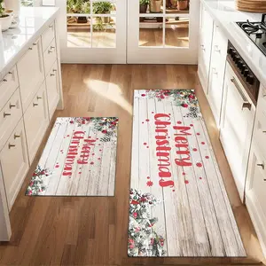 2Pcs Merry Christmas Wood Texture Background Floor mat set for farmhouse kitchen Rug restaurant floor laundry room decor carpet mat