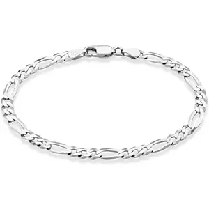Solid Silver Italian 5mm Diamond-Cut Figaro Chain Bracelet for Women Men, Made in Italy