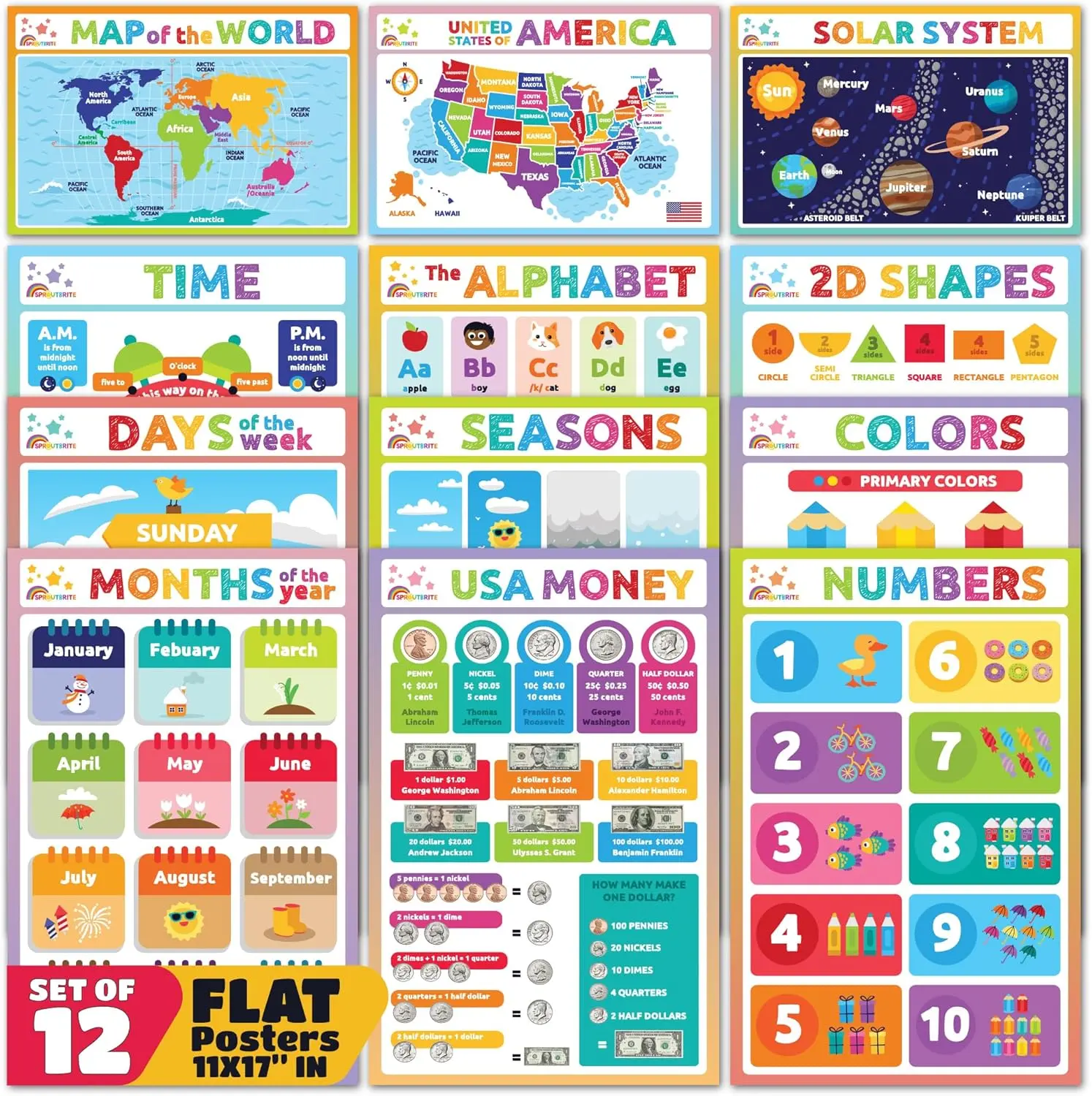 Sproutbrite 12 Pack 11" x 17" Academic Foundation - Educational Posters & Charts for Classroom - Covers Geography, the Solar System, time, Alphabet Recognition, 2D Shapes and More