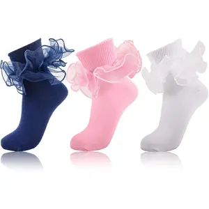 Women Big Ruffle Ankle Socks,Adult Double Lace Turn Cuff Cotton Frilly Dress Socks Cute Bobby Sock with Ruffles