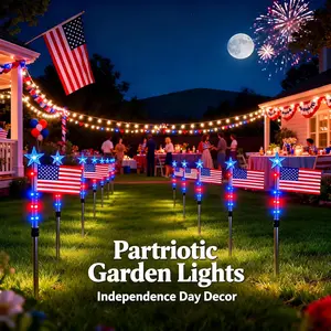 4th of July Decorations Outdoor, 8 Piece Flag Light Set with Timer, Red White and Blue Solar Pathway Lights, American Flag Yard Garden Lights IP65 Waterproof(8-Piece Flag Light Set)