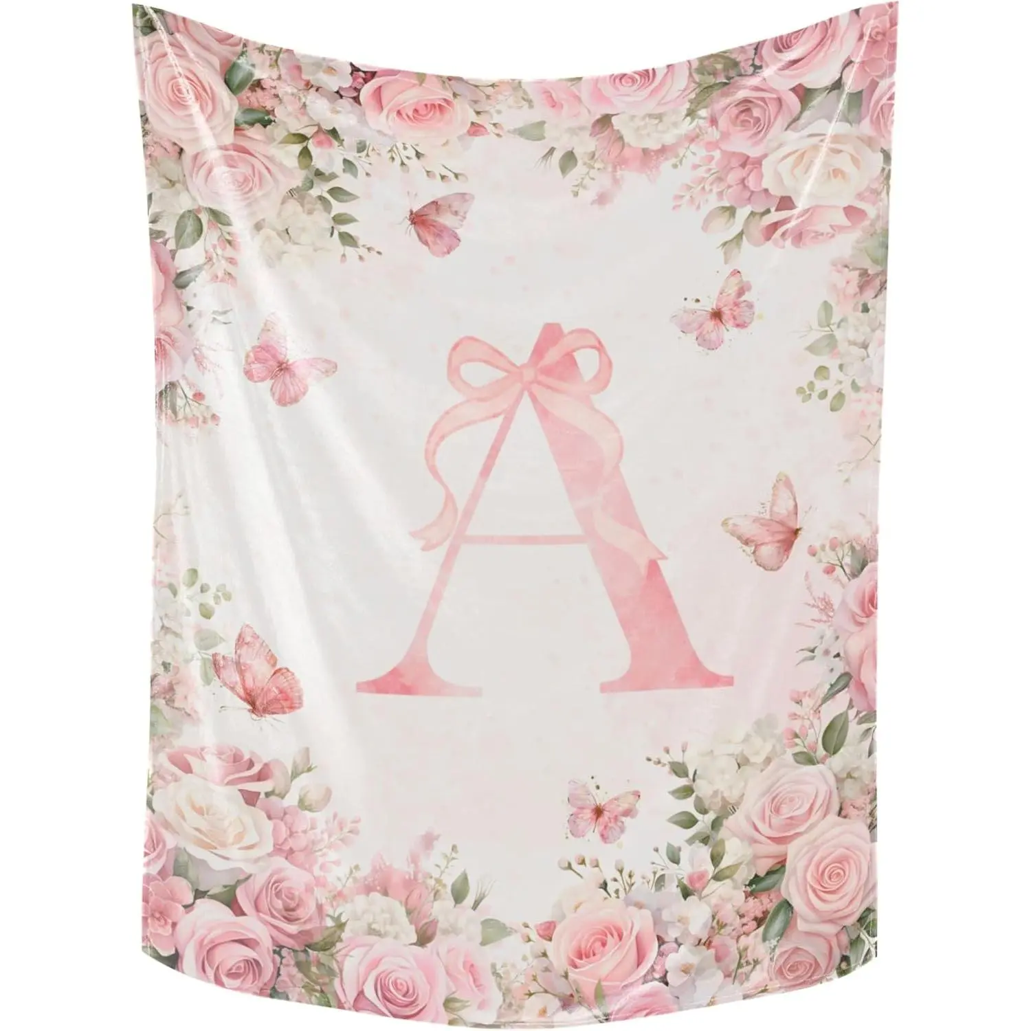 Bow Floral Initial Letter A-Z Flannel Blanket Throw for Girls Black Pink Alphabet Flannel Blanket  Valentine's Day Gifts Monogrammed Gifts for Daughter Women Teen Girls Blanket for Bedding Bedroom Office,multiple Size
