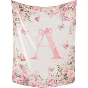 Bow Floral Initial Letter A-Z Flannel Blanket Throw for Girls Black Pink Alphabet Flannel Blanket  Valentine's Day Gifts Monogrammed Gifts for Daughter Women Teen Girls Blanket for Bedding Bedroom Office,multiple Size