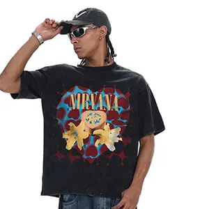 Men's 300G Heavyweight Cotton T-Shirt Nirvana Retro Print Washed Black Oversized Rock Band Short Sleeve Tee