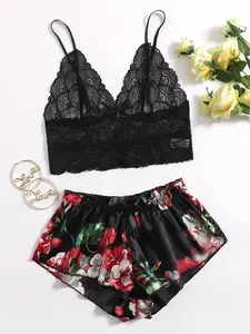 Women's Floral Lace Spaghetti Strap Lingerie Set, Sexy Two-Piece Bra & Panty Suit, Party Essential, Honeymoon Choice, Private Charm, Underwear