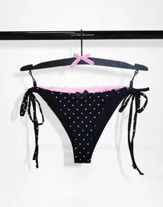 Lovestruck Micro Bikini Bottom- Y2K Polka Dot Black and Pink with Lace Trim, Bows, and Rhinestones