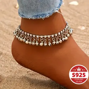 1 Piece S925 Sterling Silver Vintage Style Bell Tassel Pendant Chain Anklet Bohemian Style Ankle Bracelet Foot Chain