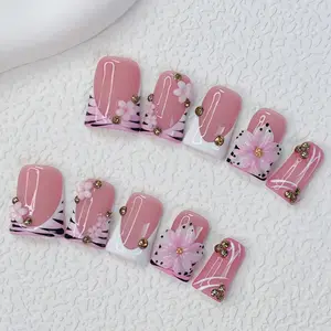 10 pcs Handmade Press on Nails ,Ducknails, 3D Floral Art & Gilded Rhinestone Embellishments, Statement Designer Y2K Nail Art Collection Pink Tip Duck Nails with Black Zebra Stripe & Pink Floral Accents, Spring nails,Summer nails Includes Tools