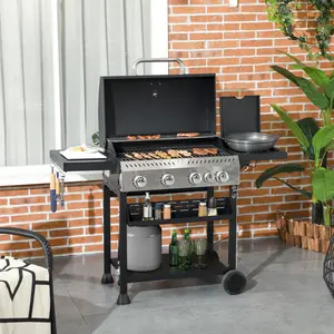 4-Burner Gas Grill with Side Burner, 40,000 BTU Outdoor Barbeque, Shelves, Thermometer, Bottle Opener, Black for Camping & Hiking Camp Kitchen Use