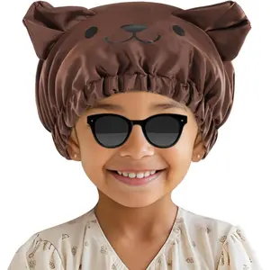 KF5-HBA106 Kids Bonnets for Girls, Adjustable Silk Baby Bonnet for Curly Hair Toddler Satin Cartoon Bonnet Cap with Elastic Band -Bear Haircare Heatless