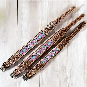 Pink Southwest tooled leather dog collar 