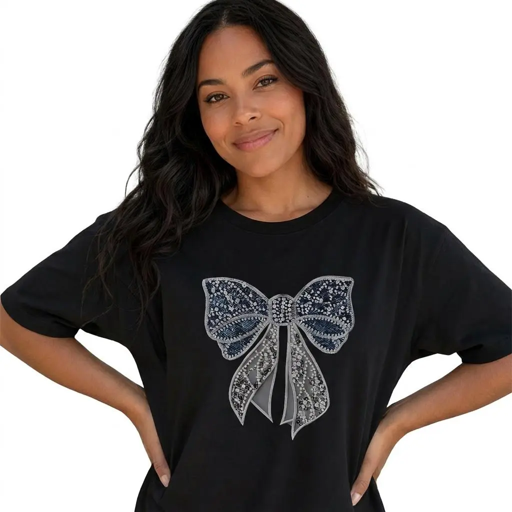 Coquette Bow Graphic Tee Women Sparkle Denim Bow Print Shirt Plus Size Top