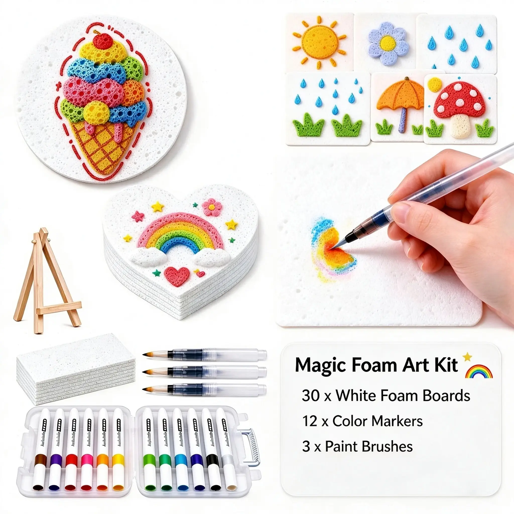 56 Pcs Magic Foam Texture Painting Kit, Including 30 Pcs Foam Texture Paper, 12Colors Brush Tip Acrylic Paint Markers, Magical 3D Effect Painting Kit  Christmas GIft