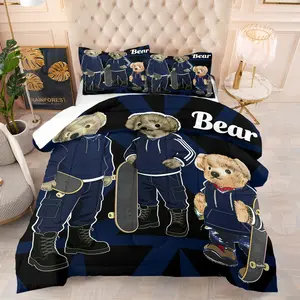 Bear printed Comforter Set, including 1 blanket and 1 or 2 pillowcases without pillowcases, soft adult bedroom decoration gift