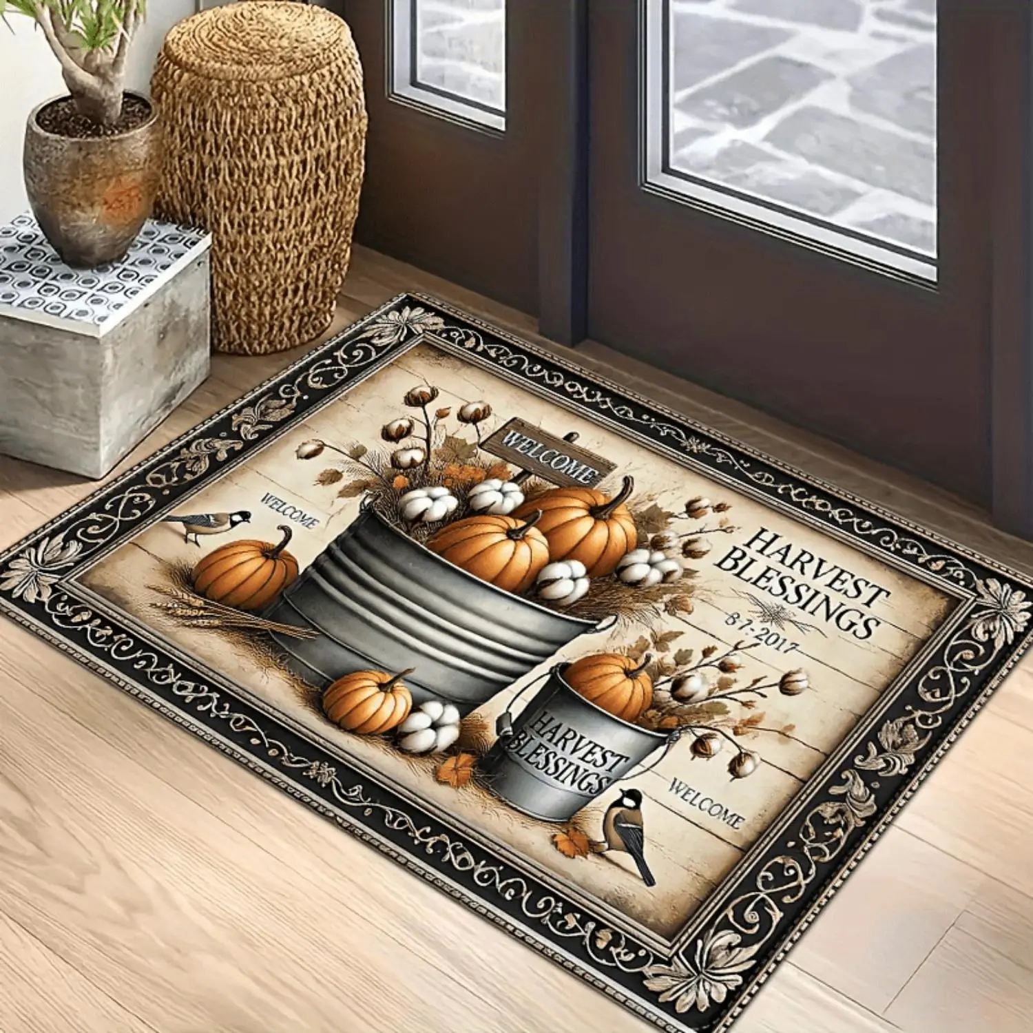 Autumn Harvest Thanksgiving Pumpkin Theme Flannel Non-slip Doormat, 0.8cm Thick Sponge Pad Carpet, Machine Washable, Fade Resistant, Suitable for Living Room, Bedroom, Bathroom, Laundry Room, Office