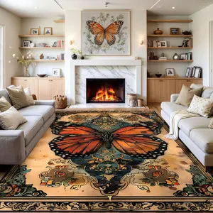 Vintage Art Butterfly Floral Carpet, French Country Style Indoor Rug, Soft Plush Non-Slip Mat, Foldable Pet Friendly, Vintage Area Rug