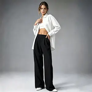 Women's Lightweight Straight Leg Pants Elastic High Waisted Workout Yoga Casual Trousers with Pockets