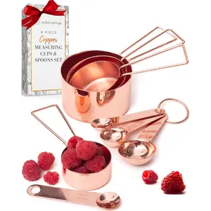 Copper Measuring Cups and Spoons Set - Metal Measuring Cups and Spoons Set - Stackable, Stylish, Sturdy Stainless Steel (8-Piece) - Rose Gold Measuring Cups and Spoons Set STYLED SETTINGS