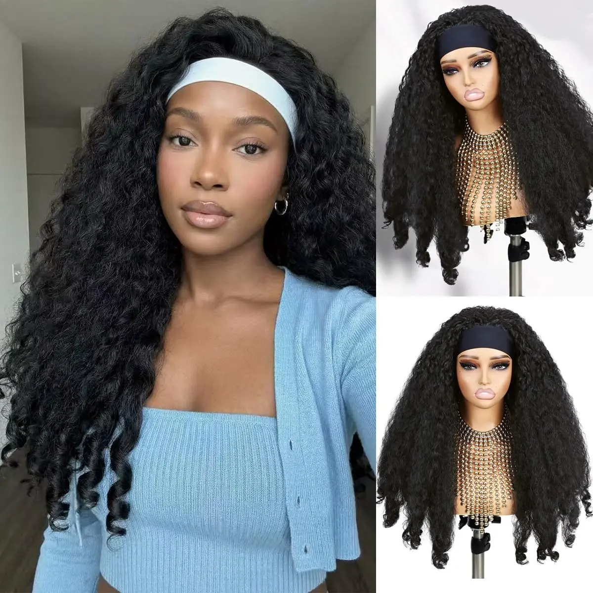 Afro Curly Headband Wig for Black Women Wear and Go Kinky Curly Glueless with Bouncy CurlHalf Wigs Yaki Straight Synthetic Headband Wigs( Black, 22inch)