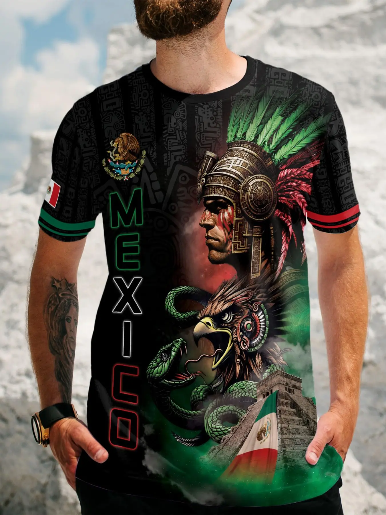 Men's Aztec Pattern Shirt, Mexican Flag T-Shirt, Vintage Sports Short Sleeve, Quick-Dry Soccer Jersey, Casual All Seasons Clothing, Football Athletic Shirt