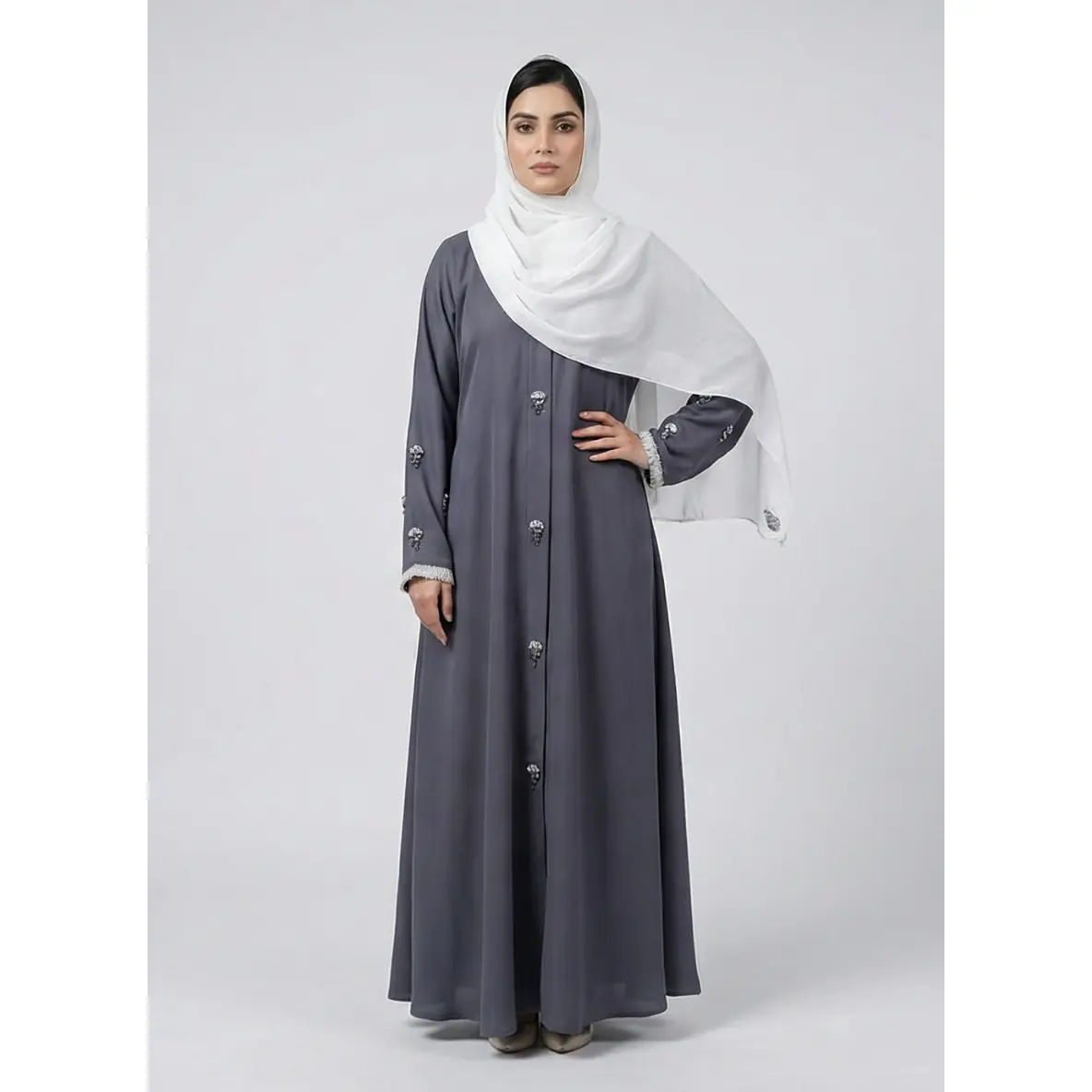 Women's Solid Nida Abaya with Ruffle Cuffs, Casual Basic Gown for Modest Hijabi Fashion, Versatile All Seasons Wear, Long Sleeve, Modest Fashion, Elegant, Frill On Sleeves, Machine Washable, Plain, Versatility, Abaya Fashion
