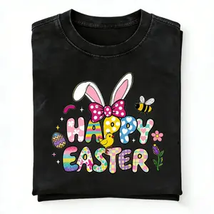 T-Shirt With Colorful Easter Themed Design |   Happy Easter Text, Pink Bunny Ears, Yellow Chick, Bee, Flowers & Egg, Casual Crew Neck, Regular Sleeve For Easter Celebration A302