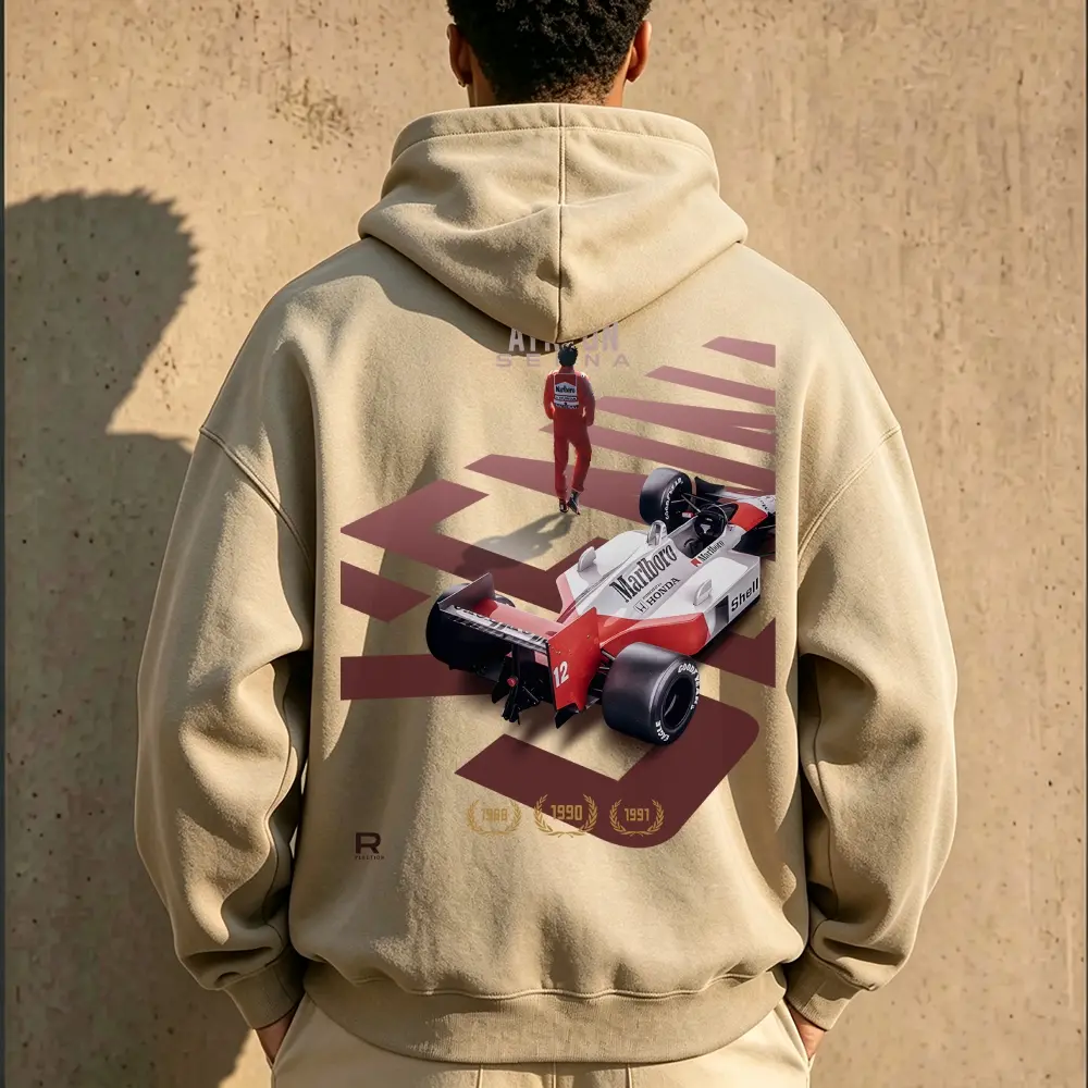 Vintage Racing Car Graphic Hoodie | Retro Motorsport Driver Graphic Sweatshirt | Beige Aesthetic Streetwear Hooded Top | Trendy Pullover Men Women