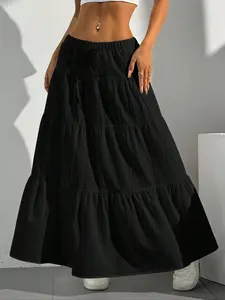 Women's Plain Ruffle Trim Skirt, Casual Fashion Long Skirt for Daily Wear, Ladies Bottoms for All Seasons