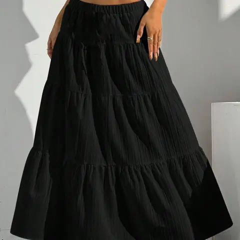 Women's High Waist Elasticated Pleated Hem Long Flowy Skirt, Maxi Casual Skirt, Casual A-Line Skirt, Elegant Casual Skirt, Loose Fit, All Seasons, Plain Pattern, Minimalist, Bottom, Womenswear, Loose Fit Skirts, Elegant Fashion Skirt