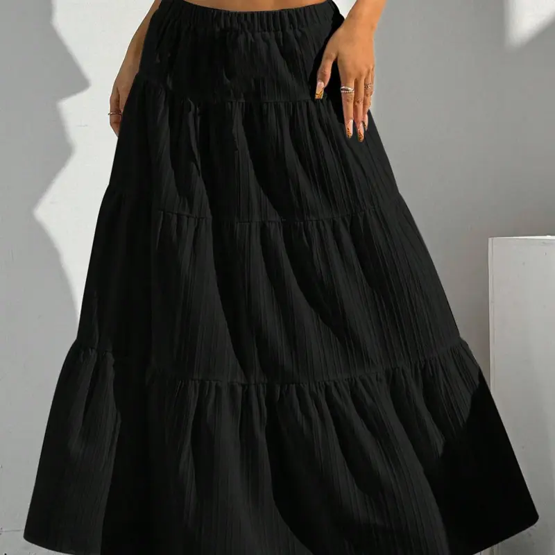 Women's High Waist Elasticated Pleated Hem Long Flowy Skirt, Maxi Casual Skirt, Casual A-Line Skirt, Elegant Casual Skirt, Loose Fit, All Seasons, Plain Pattern, Minimalist, Bottom, Womenswear, Loose Fit Skirts, Elegant Fashion Skirt