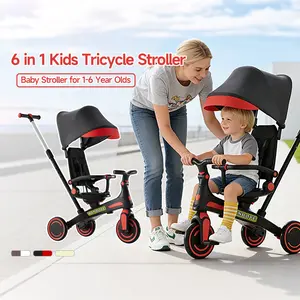 WINHOPE 6-in-1 Toddler Tricycle (1-6Y), Kids Tricycle Stroller with Push Handle, Sun Canopy, EVA Wheels, Stroll/Push/Ride Modes, Indoor/Outdoor Use for Baby Boys Girls