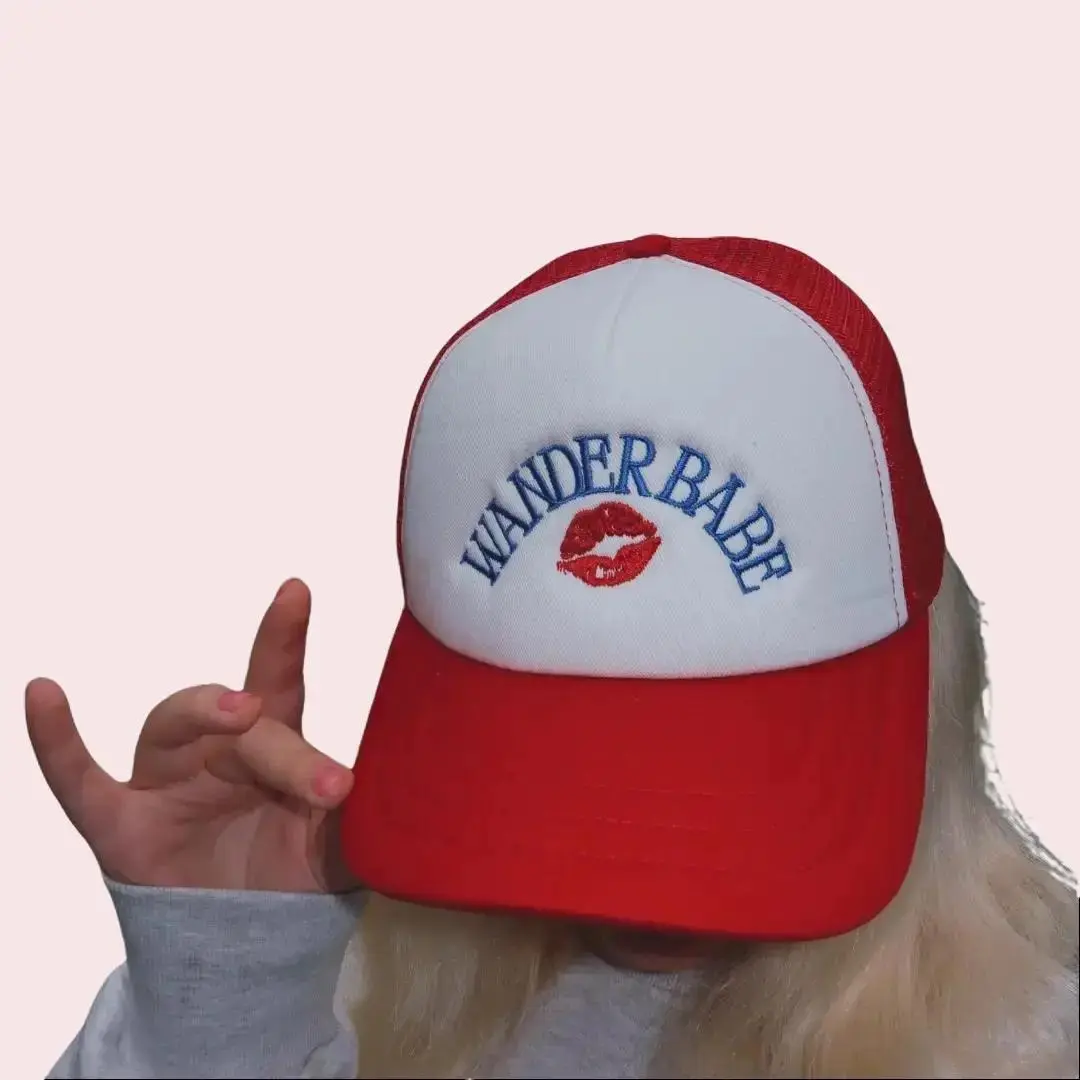 Wander Babe Kiss Trucker Hat - Ivory Red Unisex 5 Panel Embroidered Design One Size Fits All Comfortable Stylish Accessory