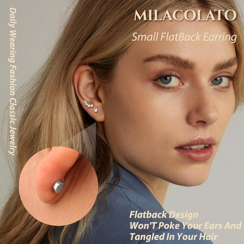 MILACOLATO 2 Pairs 925 Sterling Silver Flat Back Earrings for Women Dainty CZ Flatback Cartilage Earring Small Helix Tragus Multiple Piercing Jewelry