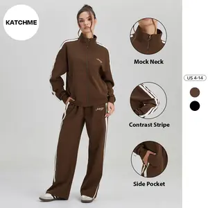 KatchMe Women's Sporty Mock Neck Contrast Stripe Zipper Sweatshirt & Wide Leg Trousers Tracksuit, Athleisure Style Letter Print Co-ord Set for Lady