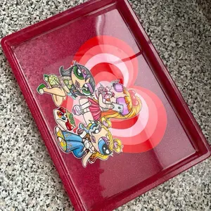 PowerPuff Girl Tray - Deep Magenta Sparkle Tray with Vibrant Heart Backdrop and Fierce Trio of Power Puff Girls for Modern Glam Decor