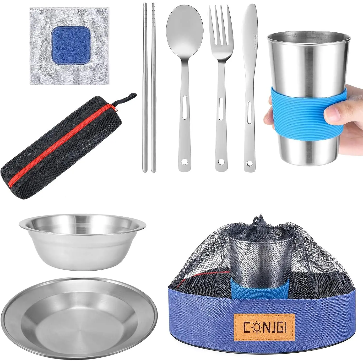 Outdoor Camping Mess Kit - 1 to 2 persons Camping Dishes Includes Cups, Bowls, Dishes, Knives, Forks, Spoons, Etc, Camping Dinnerware Set with Mesh Bag is Easy to Carry Camping Tableware Set