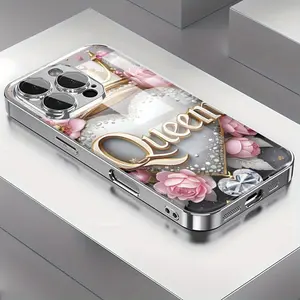 A Queen Heart-shaped Glass Phone Case with Rose and Shiny Crown, Suitable for iPhone 16, 15, 14, 13, 12, and 11 Pro Series, Glass Material Shockproof Protection. It's a Perfect Gift for Family, Friends, Children's Birthdays, New Year, Holidays, Boyfriend,