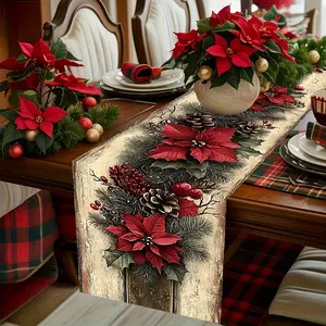 Vintage Christmas Table Runner Red Floral and Pinecone Design Rectangular Holiday Dining Decoration for Xmas New Year & Winter Parties Christmas Decorations Christmas Table Decorations Christmas Runners for Tables Christmas Tablecloth Christmas