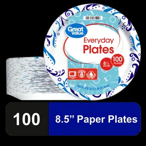 Great Value Everyday Disposable Paper Plates, 8.5", 100 Count