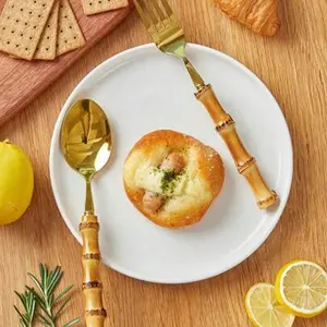 4-Piece Bamboo Cutlery Set Gold/silver Color Stainless Steel, Natural Bamboo Flatware Spoon Fork Knife, Dinner Sets Kitchen Wedding Home Restaurant Party Use